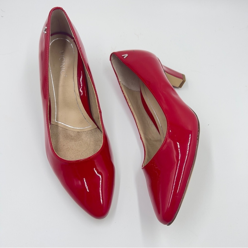 VIONIC Madison Cherry Mia Block Heel Pump Red Patent Leather Pointed Almond Toe